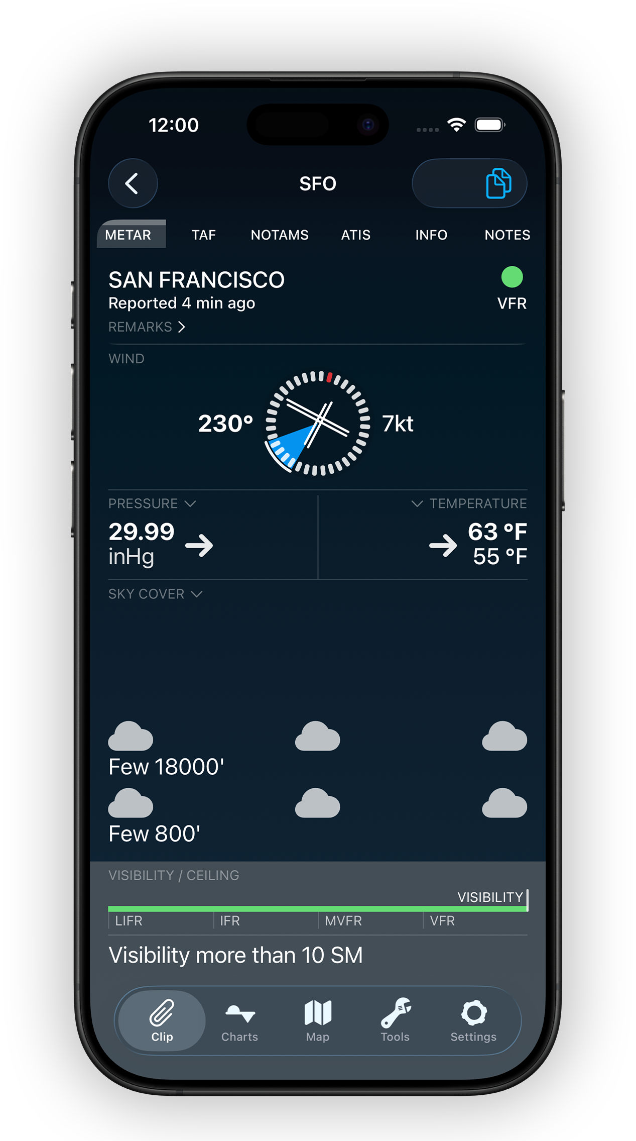 Fully decoded METAR report with a compass wind indicator