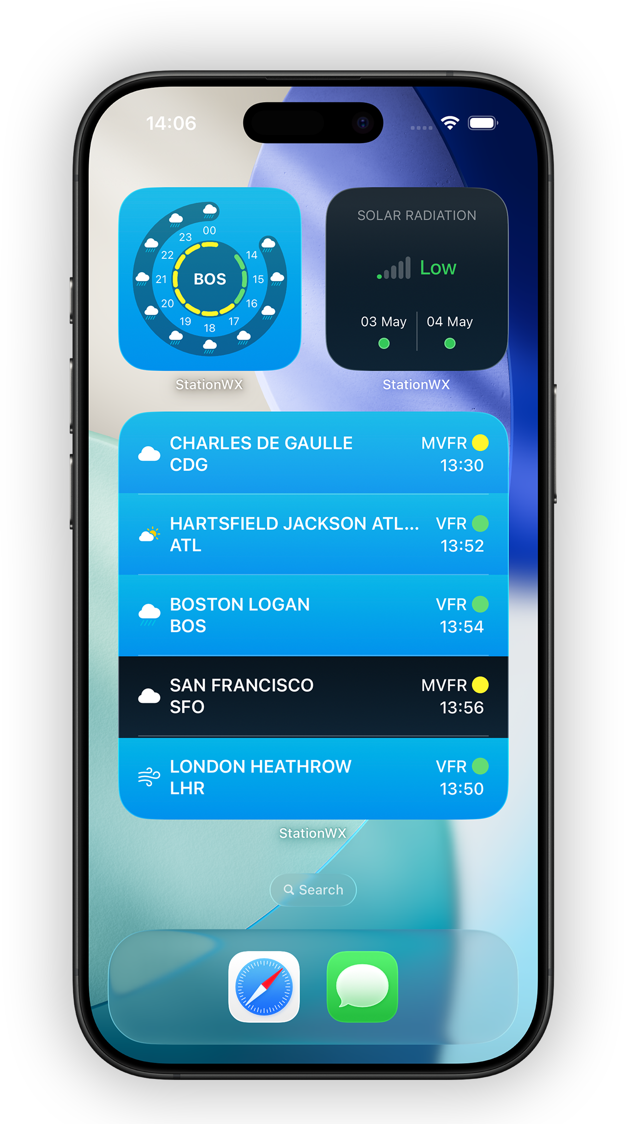 StationWeather Home Screen widgets showing live weather and solar radiation risk